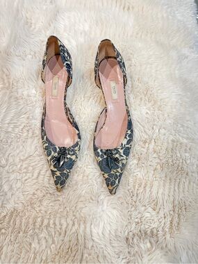 Prada Navy Floral Pointed-Toe Flats with Pink Insole